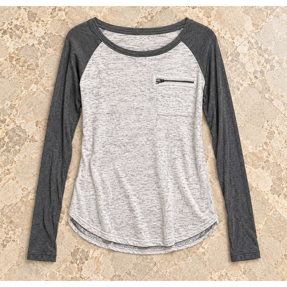 Forever 21 Womens XS Heather Gray Baseball Shirt Charcoal Sleeve Zipper Pocket